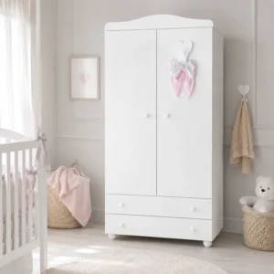 Armadio con cassetto, pomoli bianchi e decoro Dream bianco